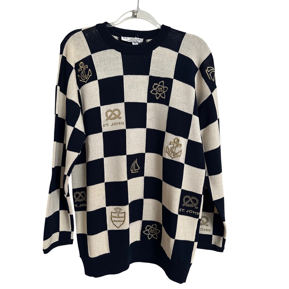 Vintage St John Separates Checkerboard Nautical Crest Knit Sweater M